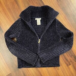 Tommy Bahama Girls Chenille Zip Up Sweater Jacket Navy Blue Ribbed Kids Size M